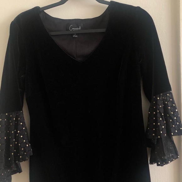 Macy’s Connected Black Velvet Sequin Gold Sleeve Dress Size Large - Picture 5 of 8
